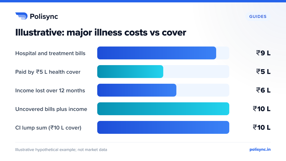 Illustrative: major illness costs vs cover Illustrative bar chart for a hypothetical family: bills ₹9 lakh, ₹5 lakh paid by health cover, ₹6 lakh income lost, ₹10 lakh total gap (₹4 lakh bills plus ₹6 lakh income) and a ₹10 lakh CI lump sum.