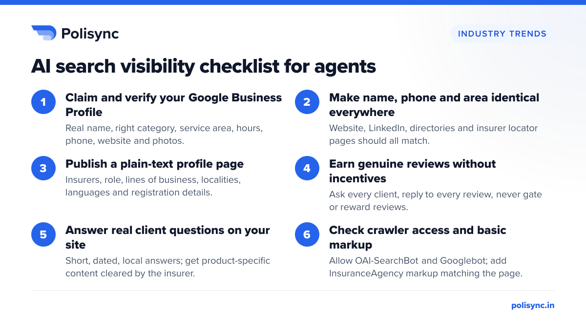AI search visibility checklist for agents Six-step checklist: verify Google Business Profile, align name and phone everywhere, publish a text-based profile page, earn genuine reviews, answer client questions, and allow OAI-SearchBot.